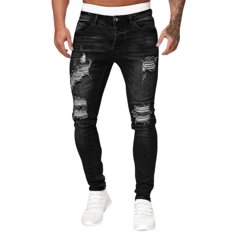 2024 Men's Fashion Street Style Ripped Skinny Jeans: Stretchy Destroyed Slim Fit Denim Pants